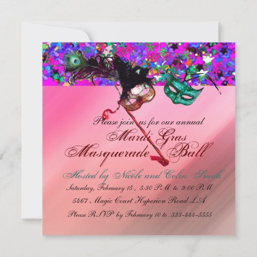 Invitation MARDI GRAS MASQUERADE & CONFETTI soie (Dos)