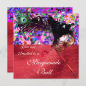 Invitation MARDI GRAS MASQUERADE & CONFETTI soie rouge (Devant / Derrière)
