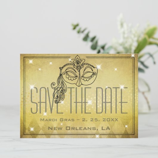 Invitation Mardi Gras Masquerade Mask Gold Enregistrer la dat (Debout devant)