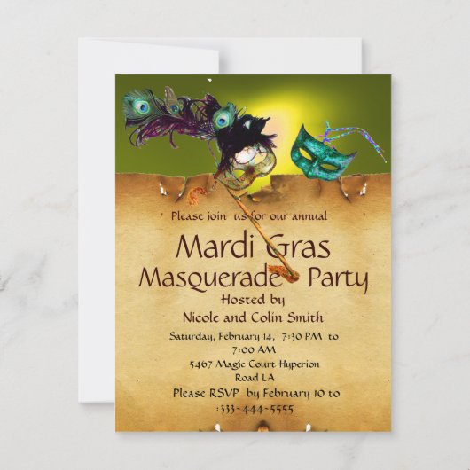 Invitation MARDI GRAS MASQUERADE PARTI, Jaune vert (Dos)