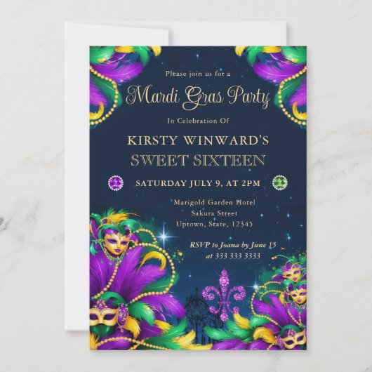 Invitation Mardi Gras Masquerade Sweet sixteen (Devant)