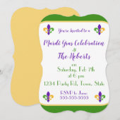 Invitation Mardi Gras NOM Vert Or Violet Fleur de Lis (Devant / Derrière)
