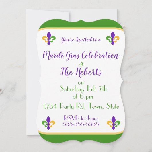 Invitation Mardi Gras NOM Vert Or Violet Fleur de Lis (Devant)