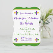 Invitation Mardi Gras NOM Vert Or Violet Fleur de Lis (Debout devant)