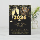 Invitation Mardi Gras Party 2026 Black Gold Glitter (Debout devant)