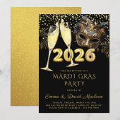 Invitation Mardi Gras Party 2026 Black Gold Glitter (Devant / Derrière)