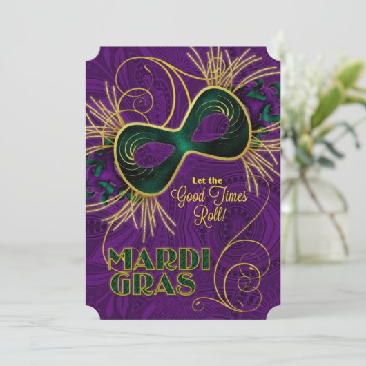 Invitation Mardi Gras Party en or violet vert (Debout devant)