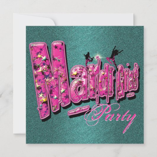 Invitation Mardi gras pink teal party (Devant)