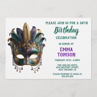 Invitation Mardi Gras Regal Feather Mask Birthday