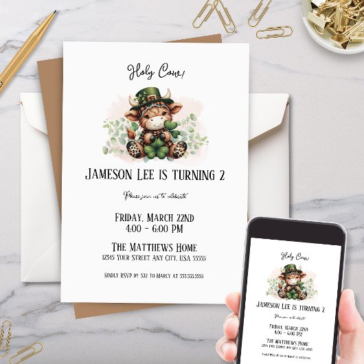 Invitation Mare Mars St patrick Highland Vache fête d'anniver