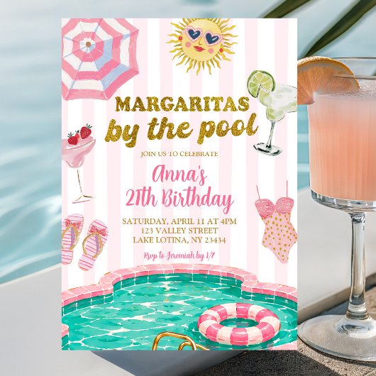 Invitation Margaritas à rayures roses près de la piscine pour