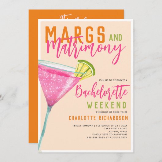 Invitation Margaritas Margs & Mariage Bachelorette Week-end (Devant / Derrière)