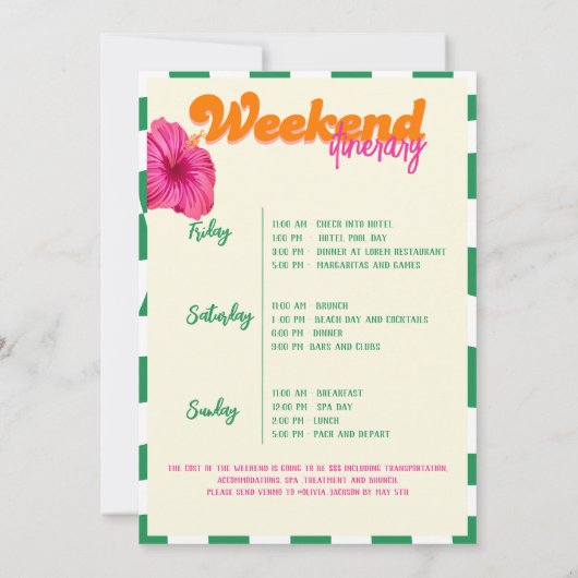 Invitation Marges & Mariage Bachelorette Week-end Itinéraire (Dos)