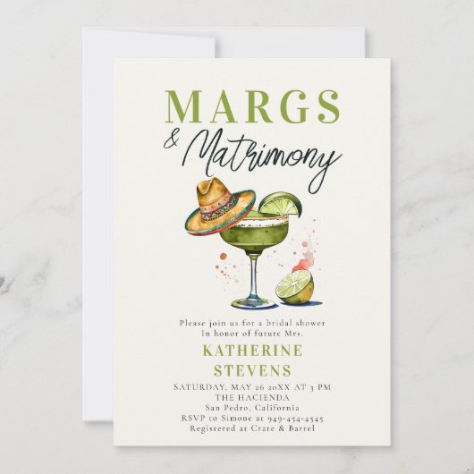 Invitation Margs Matrimony Margarita Cocktail Fête des mariée (Devant)