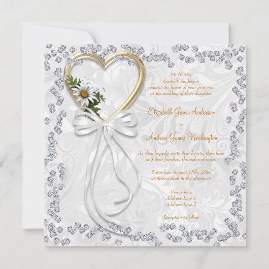 Invitation Marguerite romantique, diamants et mariage blanc (Dos)