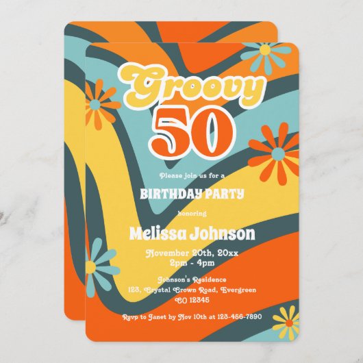 Invitation Marguerites à vague rétro Super 50e anniversaire v (Devant / Derrière)