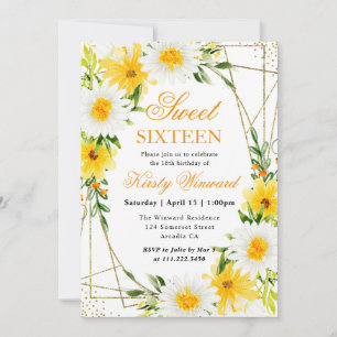 Invitation Marguerites et Fleurs Jaunes Cadre Doré Sweet 16