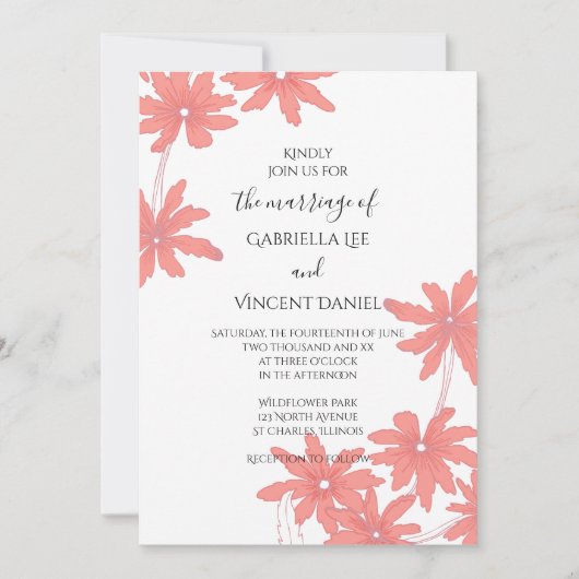 Invitation Marguerites rouges sur Mariage blanc (Devant)