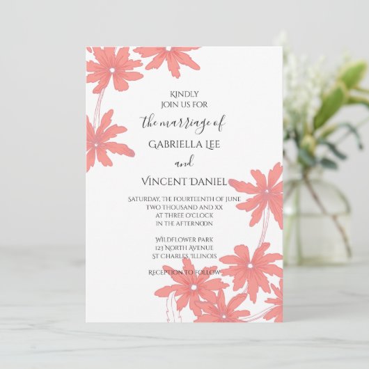 Invitation Marguerites rouges sur Mariage blanc (Debout devant)