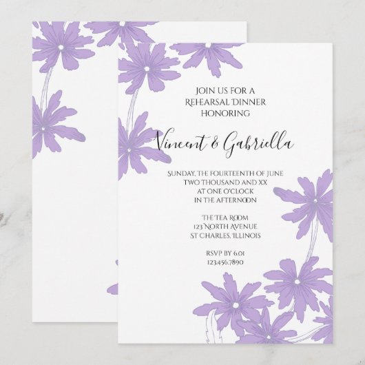 Invitation Marguerites Violettes sur le Dîner de Répétition d (Devant / Derrière)