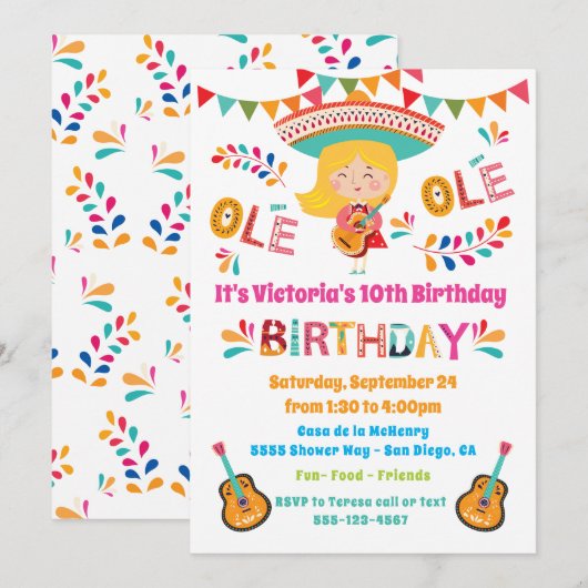 Invitation Mariachi Fille Mexicaine Fête d'anniversaire (Devant / Derrière)