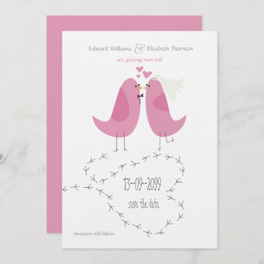 Invitation Mariage 2 Oiseaux roses Enregistrer la date Annonc (Devant / Derrière)