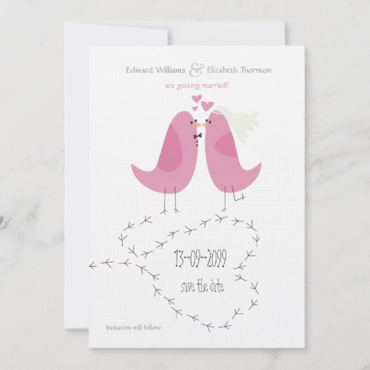 Invitation Mariage 2 Oiseaux roses Enregistrer la date Annonc (Devant)