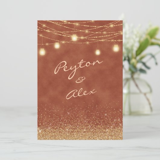 Invitation mariage 2 Side Terracotta Gold Parties scintillant (Debout devant)