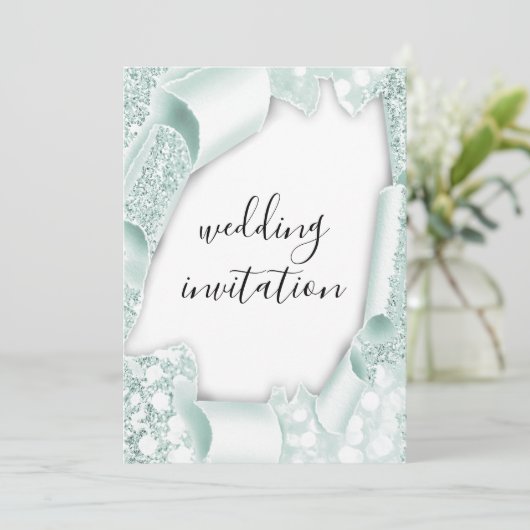 Invitation Mariage 3D Effet blanc Mint vert cadre (Debout devant)
