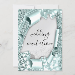 Invitation Mariage 3D, effet cadre Florals Argent Aqua Mint