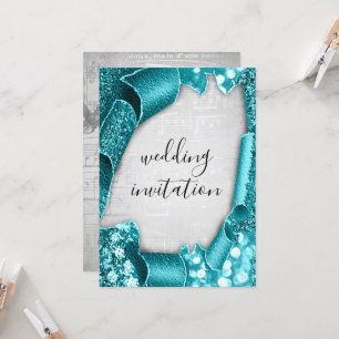 Invitation Mariage 3D Effet Silver Grey Musique Turquoise