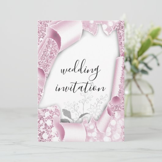 Invitation Mariage 3D Panier effet blanc cadre florale rose (Debout devant)