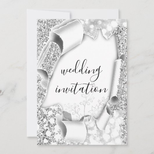 Invitation Mariage 3D Panier Effet Blanc Frame Florals Argent (Devant)