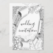 Invitation Mariage 3D Panier Effet Blanc Frame Florals Argent (Devant / Derrière)