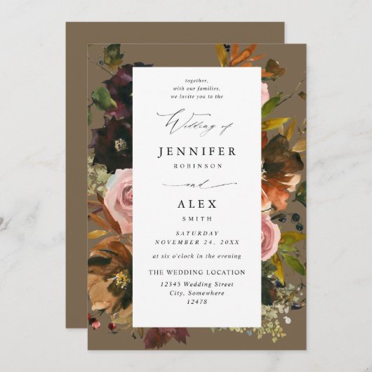 Invitation Mariage 4 Taupe Rustique or, violet et rose (Devant / Derrière)