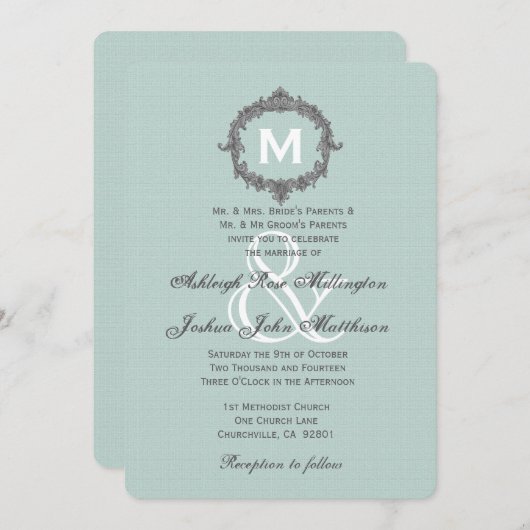 Invitation Mariage A03 Monogramme du cadre grisé et à la ment (Devant / Derrière)