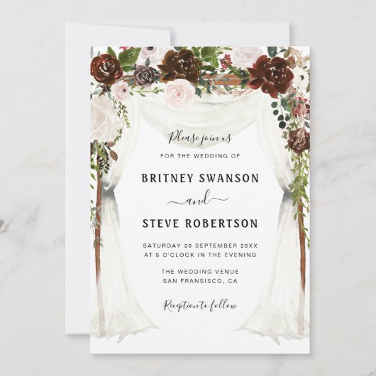 Invitation mariage à baldaquin fleuri bordeaux (Devant)