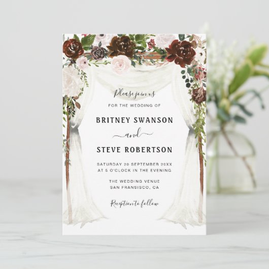 Invitation mariage à baldaquin fleuri bordeaux (Debout devant)
