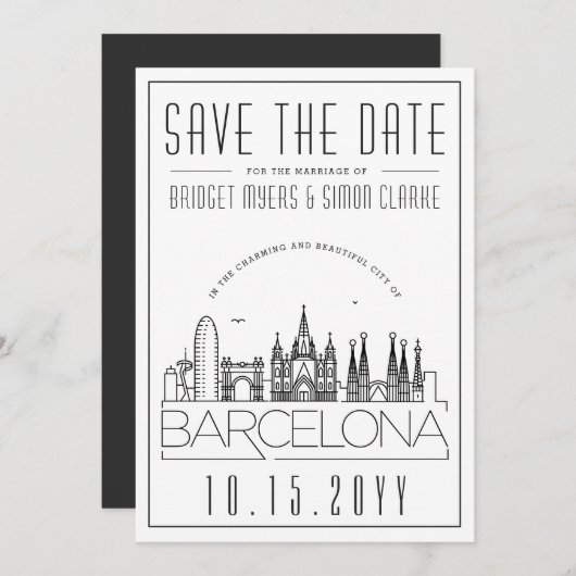 Invitation Mariage à Barcelone - Skyline stylisé - Save the D (Devant / Derrière)