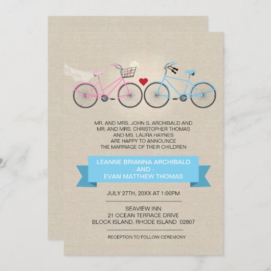 Invitation Mariage à bicyclette style lin (Devant / Derrière)