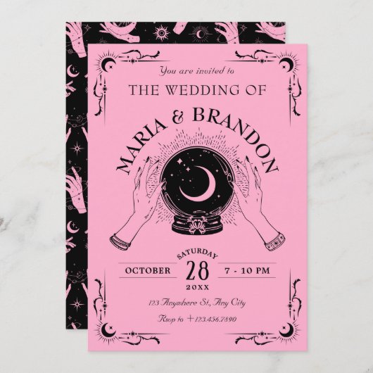 Invitation Mariage à bille en cristal de lune rose noire (Devant / Derrière)