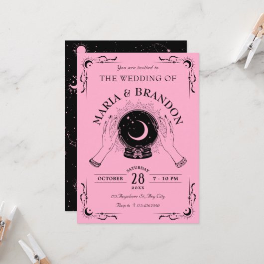 Invitation Mariage à bille en cristal de lune rose noire (Devant/Arrière en situation)