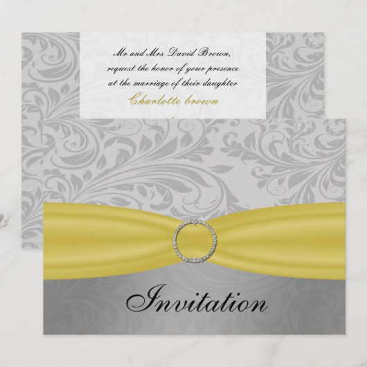 Invitation Mariage à boucle diamante jaune gris FAUX (Devant / Derrière)