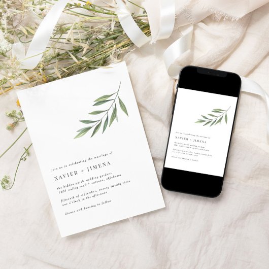 Invitation Mariage à branche d'olivier moderne ultra-minimal