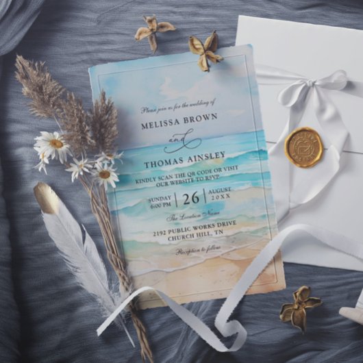 Invitation Mariage à budget avec code QR aquarelle sur la pla
