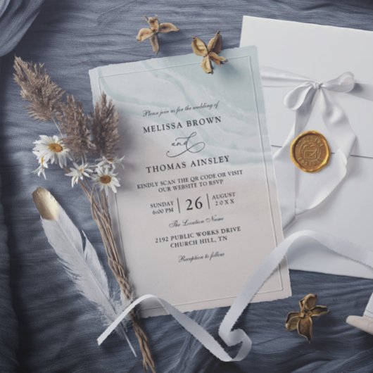 Invitation Mariage à budget code QR avec vagues de l'océan à 