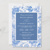 Invitation Mariage à budget code QR botanique aquarelle bleue (Devant)