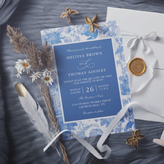 Invitation Mariage à budget code QR botanique aquarelle bleue