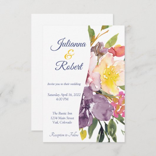 Invitation Mariage à budget fleuri jaune et violet (Devant / Derrière)