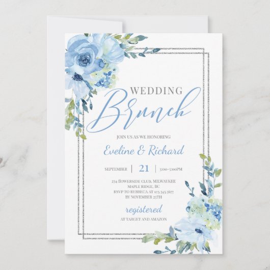 Invitation Mariage à cadre argenté bleu poussiéreux (Devant)